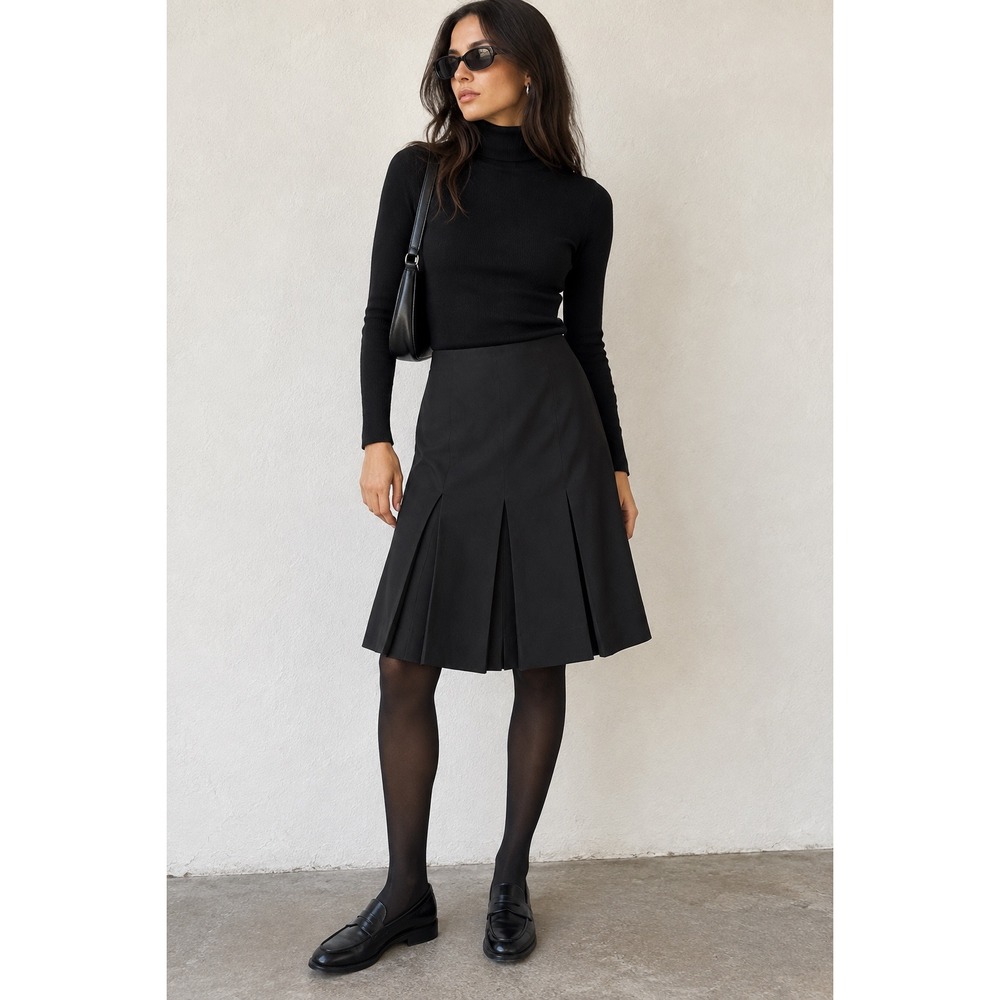 Vintage Carlisle Black 100% Wool Pleated Midi Skirt Size 8 A-Line Minimalist